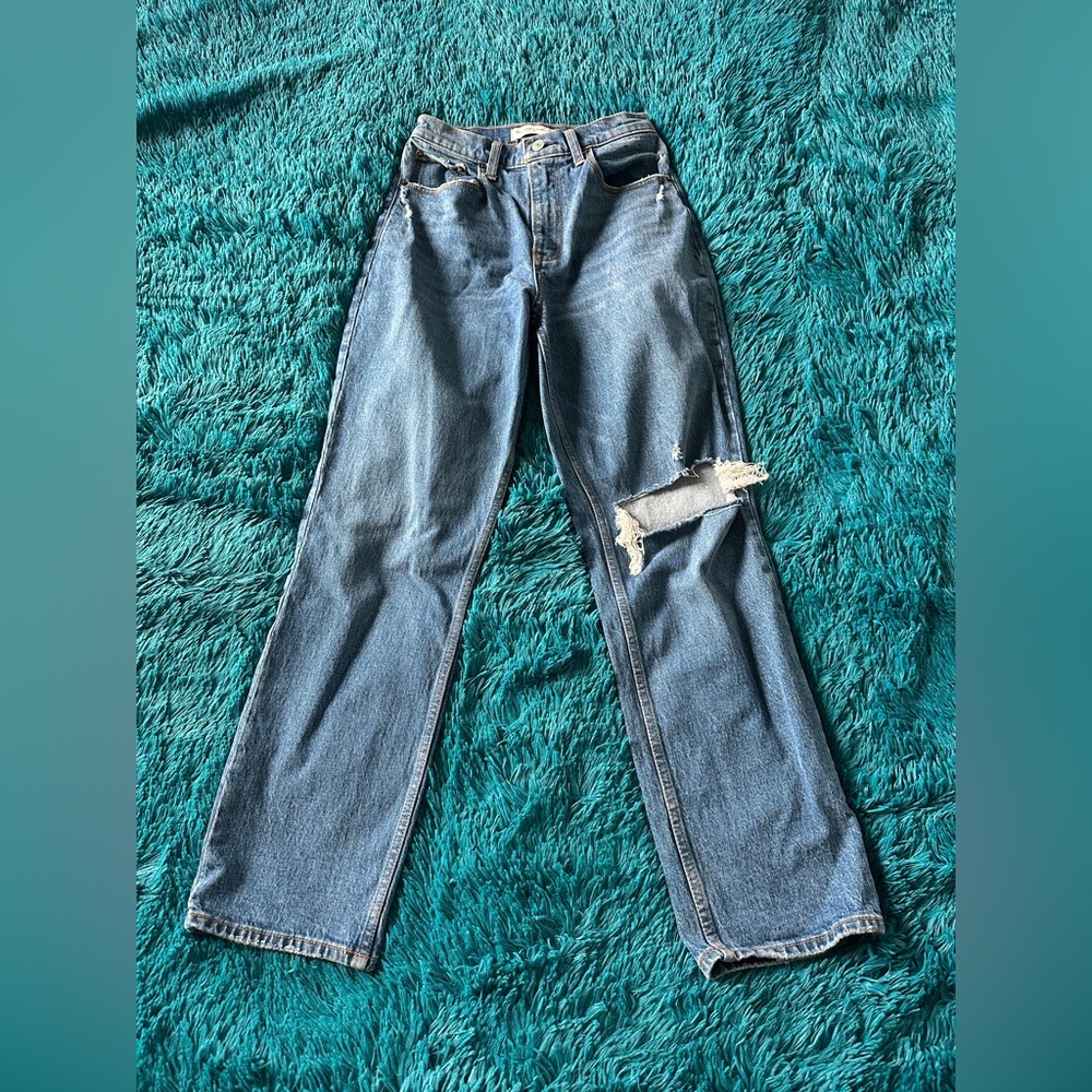 Abercrombie & Fitch Curve Love Blue Distressed Straight Leg Jeans